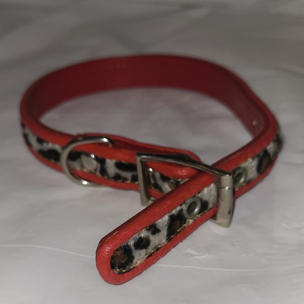 Red and Leopard Print "Safari" Dog Collar 13" Faux Leather & Fur